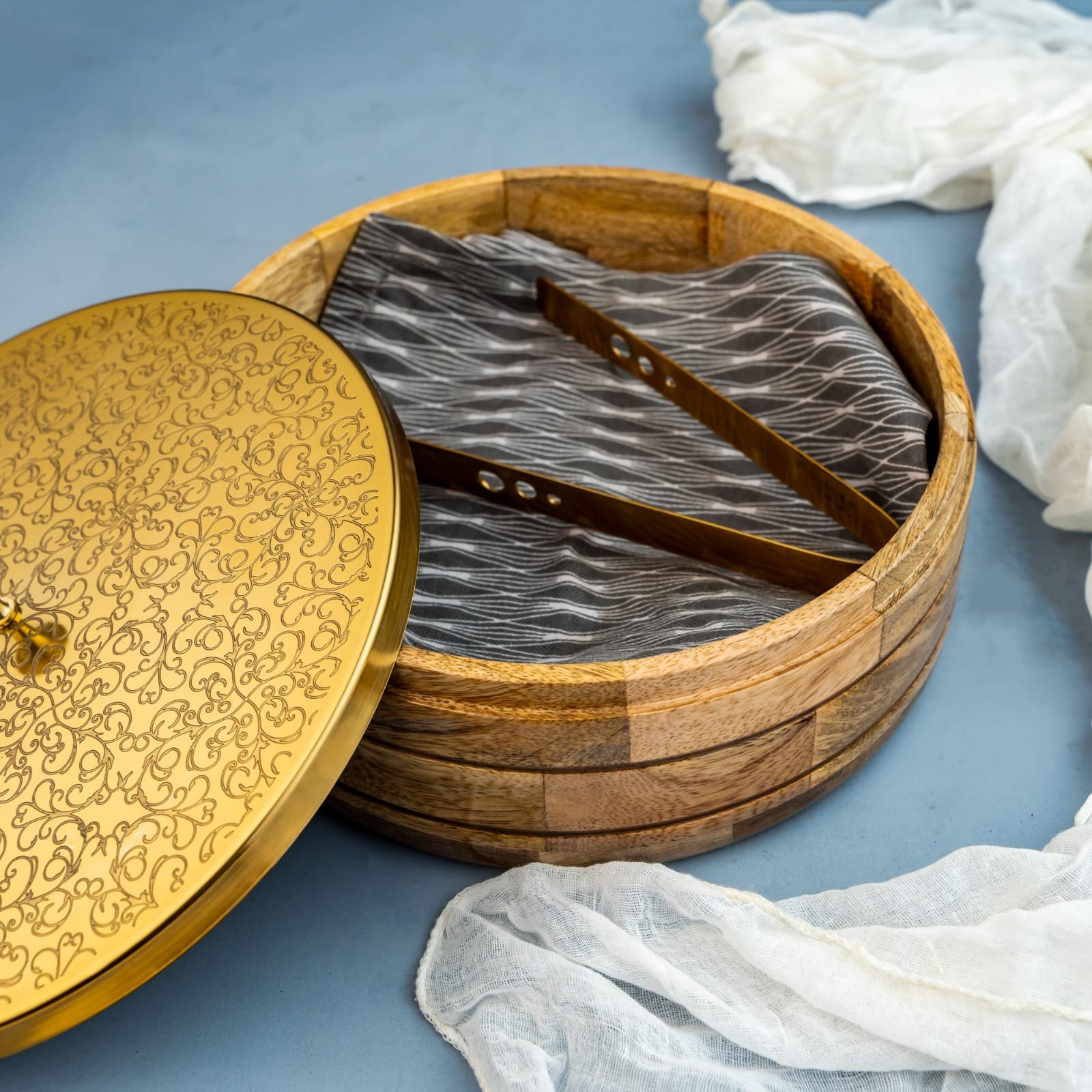 mango wood roti box with brass lid