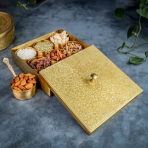 Brass Masaladani | Spice Box for Fresh Spices | handcrafted Floral Design | with Spoon and 9 Contianers | Premium Spice Box