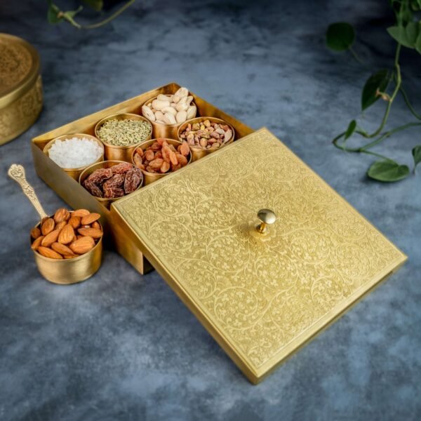 Brass Masaladani | Spice Box for Fresh Spices | handcrafted Floral Design | with Spoon and 9 Contianers | Premium Spice Box