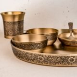 Luxury Bronze| Kansa Dinner Thali Set of 6 Piece | 1 Thali (12 inch), 2 Bowl, 1 Desert Bowl, 1 Spoon and 1 Glass | Floral Design | Vintage Matt Finish | Traditional Luxury Dinningware