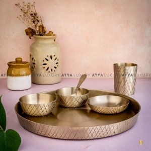 Atya Luxury Handcrafted Bronze |Kansa Dinner Thali Set of 6 | 12 inch thali Set Matt Finish |for Serving Dinner,Best For Gifting|Vintage look