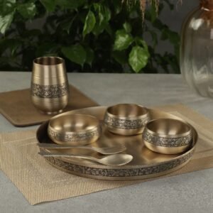 Atya Luxury Bronze (Kansa) Dinnerware Set of 7 | Traditional Pattern Matte Finish | 12 inch Thali 1 Sweet Bowl 2 Desert Bowl 1 Glass 1 Fork and 1 Spoon | Idol for- Gifting, Home and Restra