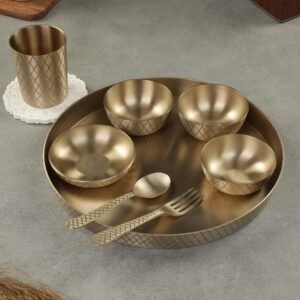 Atya Luxury Bronze | Kansa Dinner Thali Set of 8 pcs | Matte Finish 13 inch | for Serving Dinner, Best for Gifting. | Vintage Look