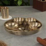 Atya Luxury Bronze | Kansa Dinner Thali Set of 8 pcs | Matte Finish 13 inch | for Serving Dinner, Best for Gifting. | Vintage Look