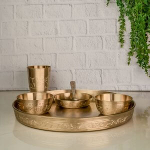 Atya Luxury Bronze (Kansa) Dinner Thali Set of 6 Piece | Bronze Antique thali for Home, Dinning, restaurant and Gifting | Pure Bronze Thali 12 inch | Indian Traditional Thali