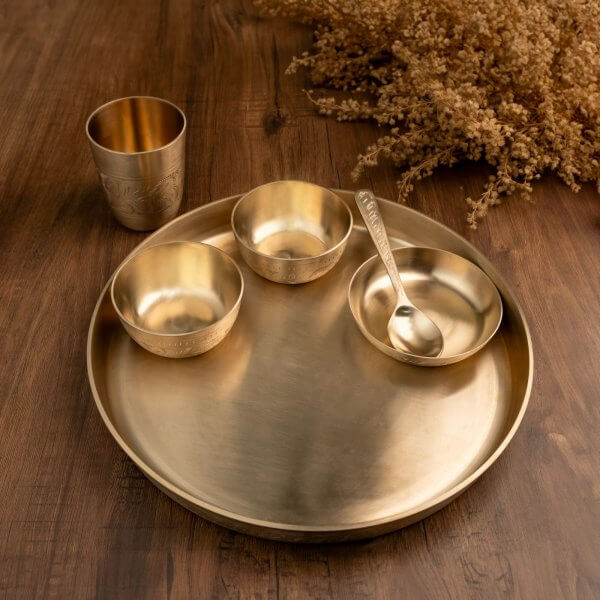Atya Luxury Bronze (Kansa) Dinner Thali Set of 6 Piece | Bronze Antique thali for Home, Dinning, restaurant and Gifting | Pure Bronze Thali 12 inch | Indian Traditional Thali - Image 3