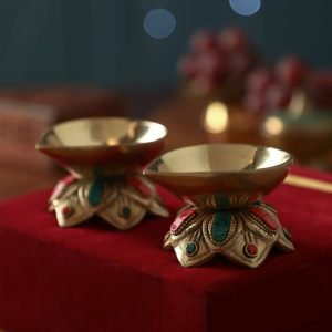 Atya Luxury Brass Diya Set | Traditional Lotus Design | with Red and Green Stones | Set of 2 Pieces | for Temple, Home, Office and Gifting | Available in Valvet Gift Box | Heavy Weight Diya Set