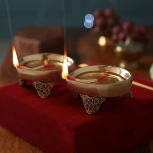 Atya Luxury Traditional Brass Diya Enamel Design with colourfull Stone | for Temple, Home, Office and Gifting | Available with Velvet Gift Box