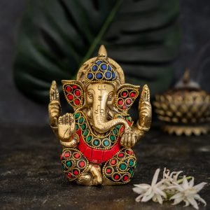 ATYA LUXURY Brass Decorative Ganesha Statue | Brass with Colour Stone Inlay, Red Blue and Green Traditional Design, Hindu God Idol | for Temple and Gifting | 5.5 inch ht, 5 inch wdt, 1 kg Weight