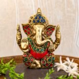 brass ganesh ji idol with stone design