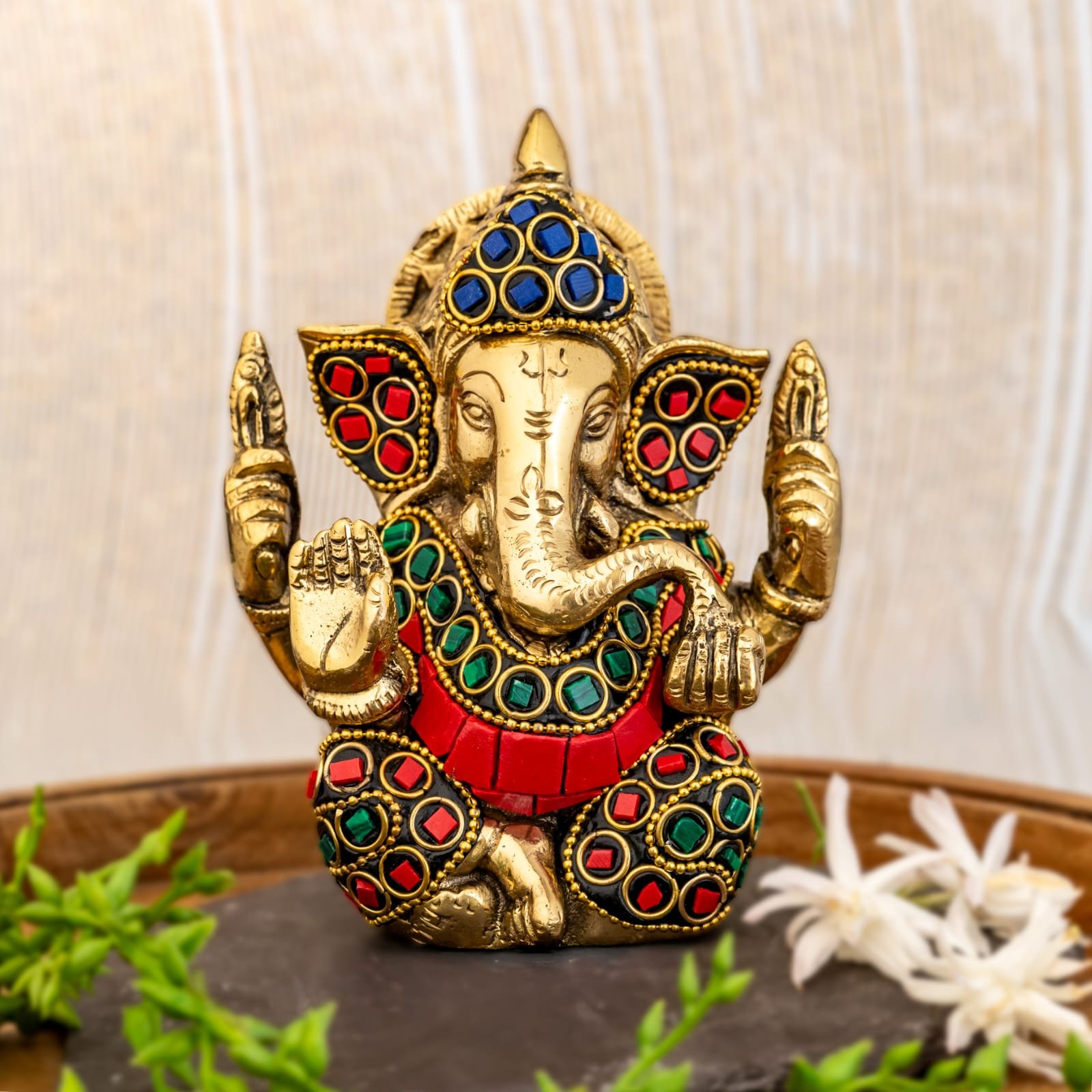 brass ganesh ji idol with stone design