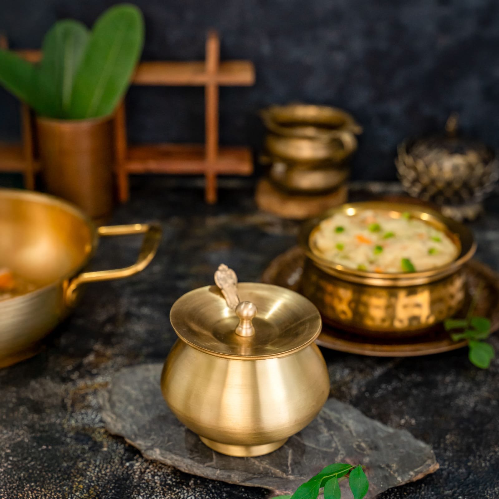 Handicraft Brass Ghee Pot, with Lid and Spoon, 300 ml, for Oil, Achaar, Sauf, Ingredients Storage, Serving and Gifting