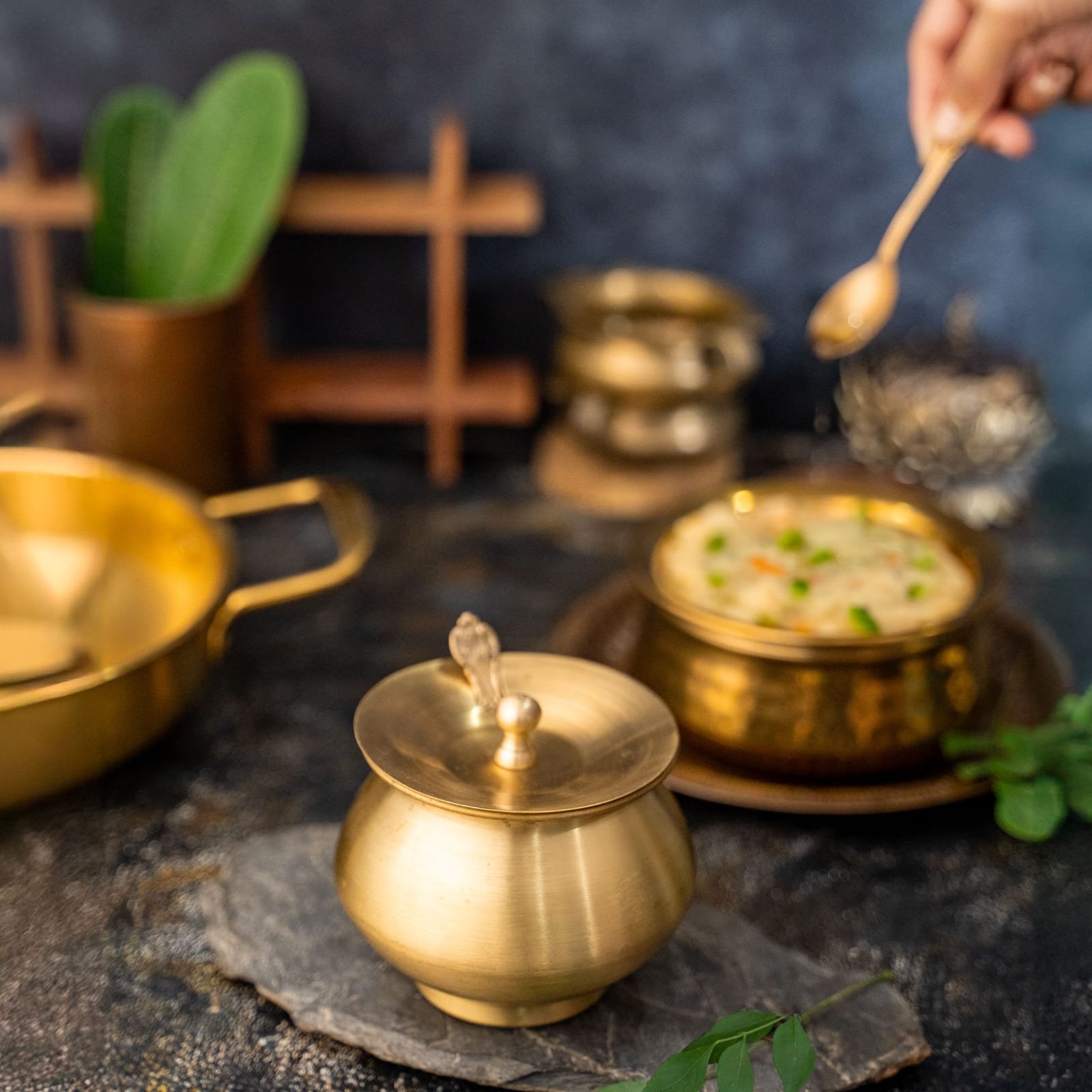 Handicraft Brass Ghee Pot, with Lid and Spoon, 300 ml, for Oil, Achaar, Sauf, Ingredients Storage, Serving and Gifting