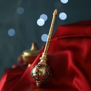 ATYA LUXURY Brass Hanuman Gada | with Red and Green Stone Inlay, | Antique Gold Finish | 7 inch ht | Heavy Weight | Idol for Home, Temple, Office Temple and Gifting | Availabe in Valvet Gift Box