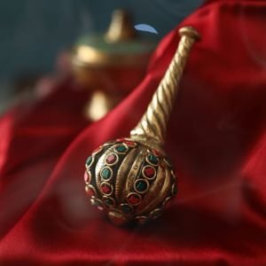 ATYA LUXURY Brass Hanuman Gada | with Red and Green Stone Inlay, | Antique Gold Finish | 5 inch ht | Heavy Weight | Idol for Home, Temple, Office Temple and Gifting | Availabe in Valvet Gift Box