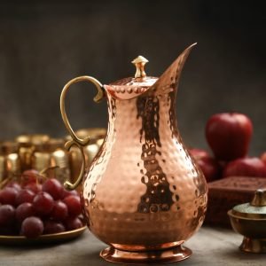 Atya Luxury Copper Pitcher with Hammered Design | Brass Handle | Ayuveda Recommended Traditional Water Jug | 2 LTR Serving Capacity | Idol for Gifting, Serving at Hotels and for Dinning Table