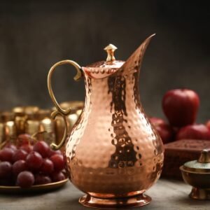 Atya Luxury Copper Pitcher with Hammered Design | Brass Handle | Ayuveda Recommended Traditional Water Jug | 2 LTR Serving Capacity | Idol for Gifting, Serving at Hotels and for Dinning Table