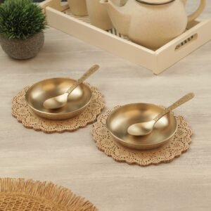 ATYA LUXURY Bronze Serving Bowl Set with Spoons | Kansa Bowl Set of 2 | Antique Print | 13 cm Bowl | Idol for Serving Guest at Home and Restra