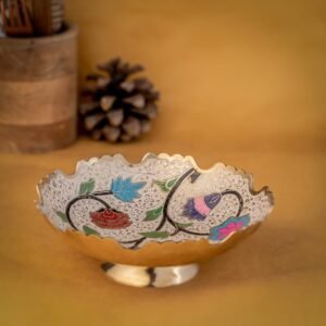 ATYA LUXURY Brass Bowl | for Serving Snacks, Desert, Fruits | Floral Hand-Painted Design | Scalloped Edge | Idol for Serving and Gifting | 6 inch Dia