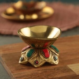 Atya Luxury Brass Diya with Colourful Stone | with Traditional Decorative Gemstone Inlay | Gold Finish Heavy Weight | Idol for Office and Home Pooja Room | for Gifting