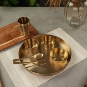 brass thali set with spoon katori glass and sweet dish bowl