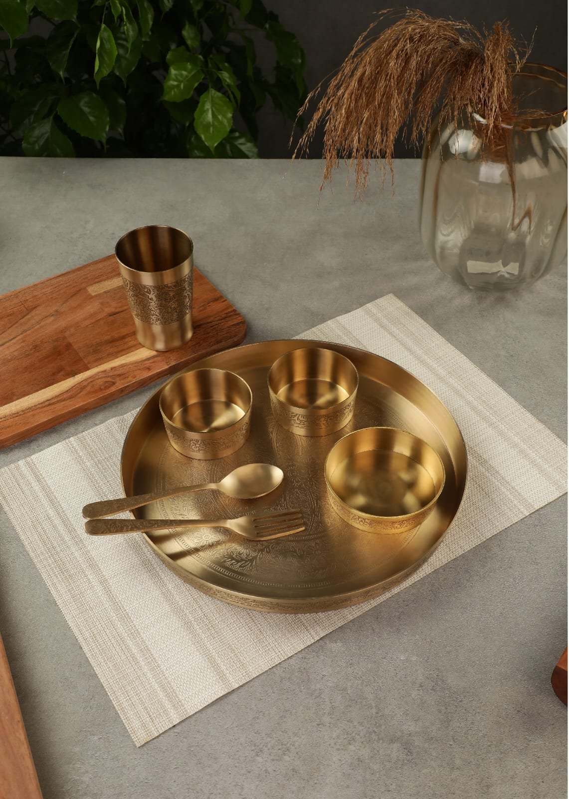 brass thali set with spoon katori glass and sweet dish bowl