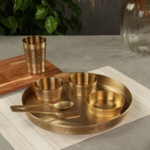 Atya Luxury Traditional Brass Royal Thali Set of 7 pcs | 12 Inch Pital Thali | Matte Finish | Idol for Gifting and Serving Food