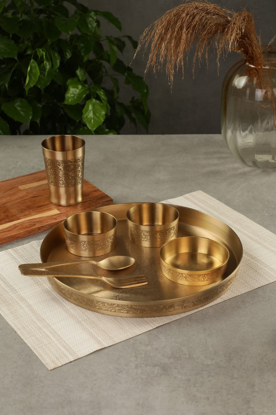 brass thali set with spoon katori glass and sweet dish bowl
