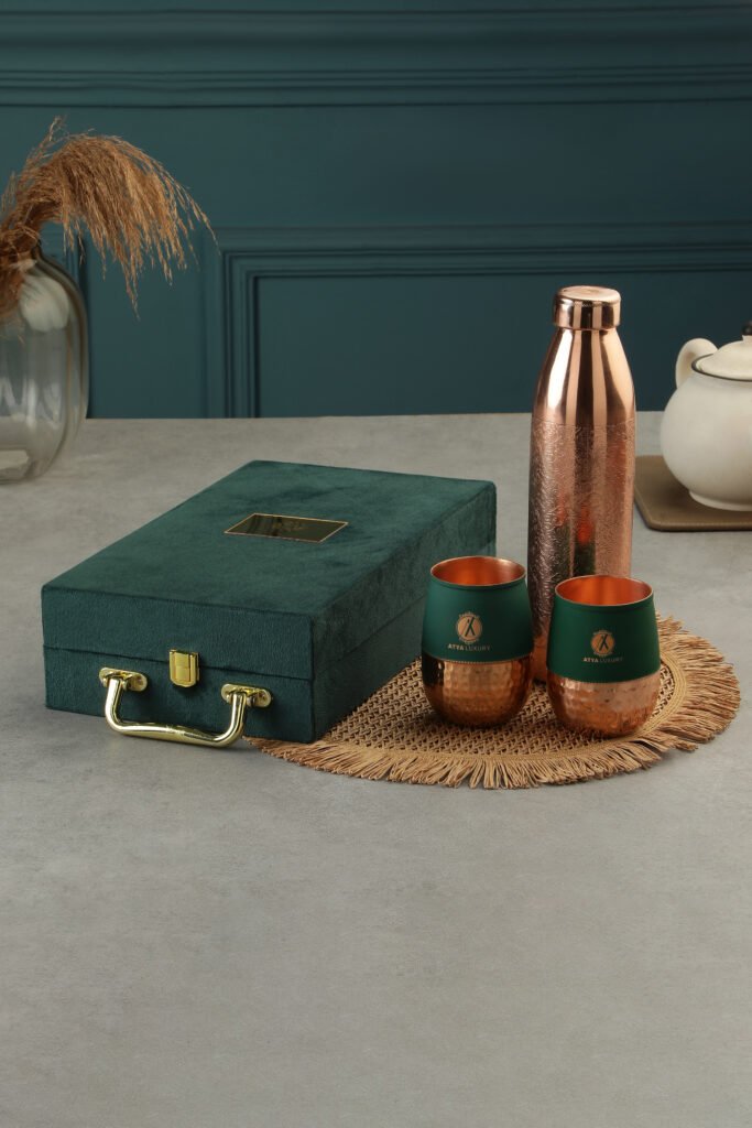 copper water bottle and glass set with gift box