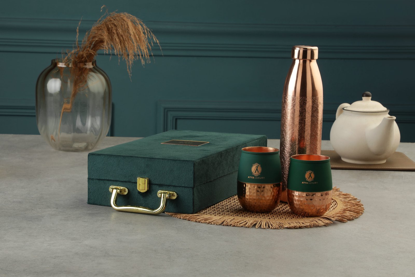 copper water bottle and glass set with gift box