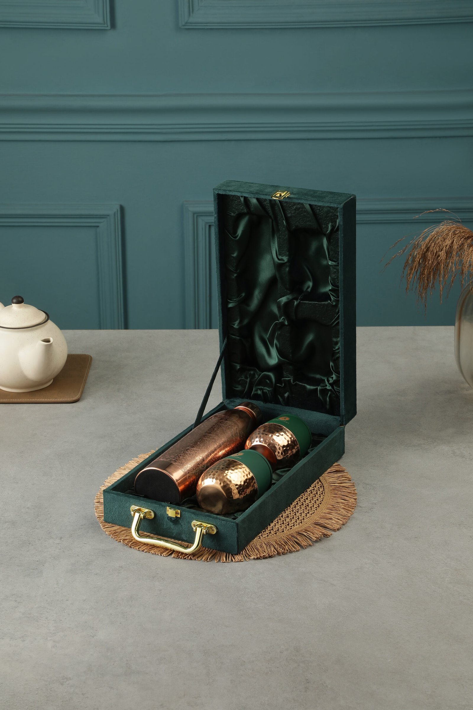 copper water bottle and glass set with gift box