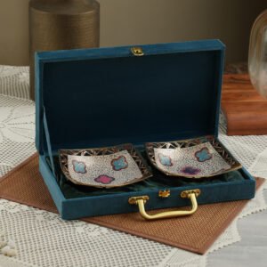 ATYA LUXURY Handcrafted Square Brass Enamel Bowl Set of 2 | Intricate Floral Design | Decorative & Serving Bowls for Dry Fruits, Snacks & Sweets | Premium Blue Velvet Gift Box | Perfect for Festive & Wedding Gifting