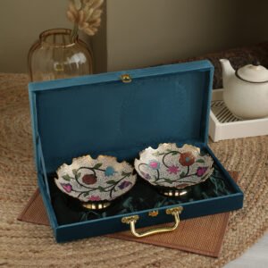 ATYA LUXURY Handcrafted Brass Enamel Bowl Set of 2 | Intricate Floral Design | Decorative & Serving Bowls for Dry Fruits, Snacks & Sweets | Premium Blue Velvet Gift Box | Perfect for Festive & Wedding Gifting