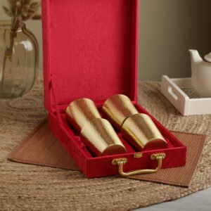 ATYA LUXURY Hammered Brass Glass Set of 4 | Vintage Design 450 ml | Matte Gold Finish | Ideal for Hot & Cold Drinks | With Premium Velvet Red Gift Box | Home, Restaurant & Gifting