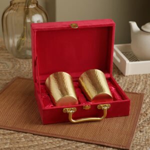ATYA LUXURY Handmade Brass Glasses Set of 2 | Traditional Hammered Design | 450 ml | Premium Matte Gold Look | Packed in Velvet Red Gift Box for Luxury Gifting