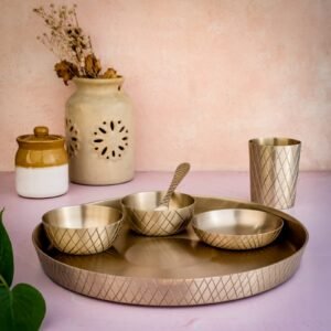 Atya Bronze Dinner Thali Set, 6 Piece | Diamond Pattern | 11.5 inch thali 2 Dish Bowl 1 Desert Bowl 1 Spoon 1 Glass | Lead Free kansa Set | Idol for Gifting, Dinning, Hotels and Home